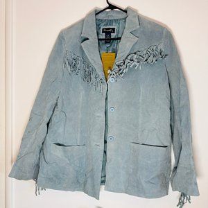 Denim and Co baby blue leather fringe jacket XL
